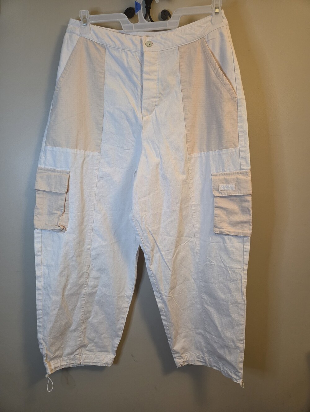 Adidas Womens 12 Cargo Pants Beige Khaki Baggy Wide Leg Cinch Ankle Y2K